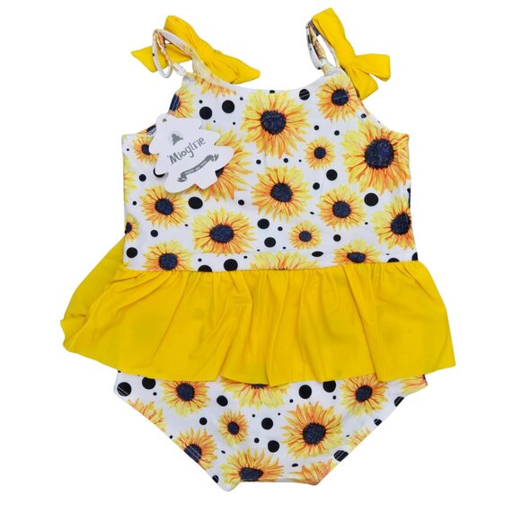 NWT | Sunflower Print Ruffle Peplum One Piece Baby Toddler Bathing Suit | Size 3 - Picture 2 of 3